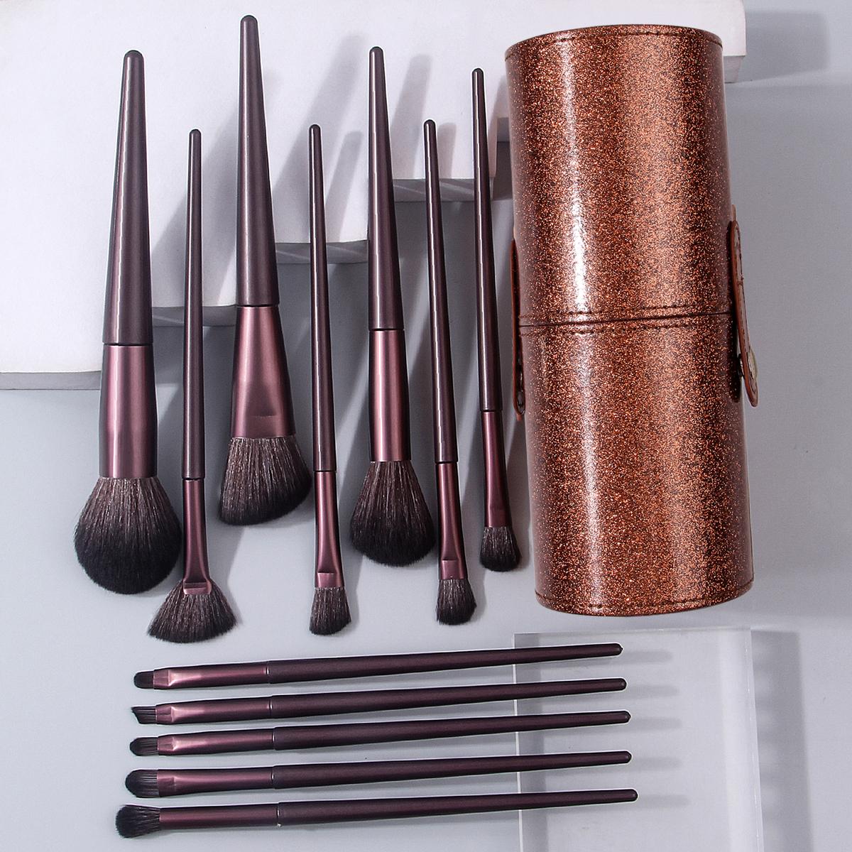 

A high-end 12pcs makeup brush set with a storage bucket, soft and high-quality fiber bristles, and portable travel makeup tools коричневый