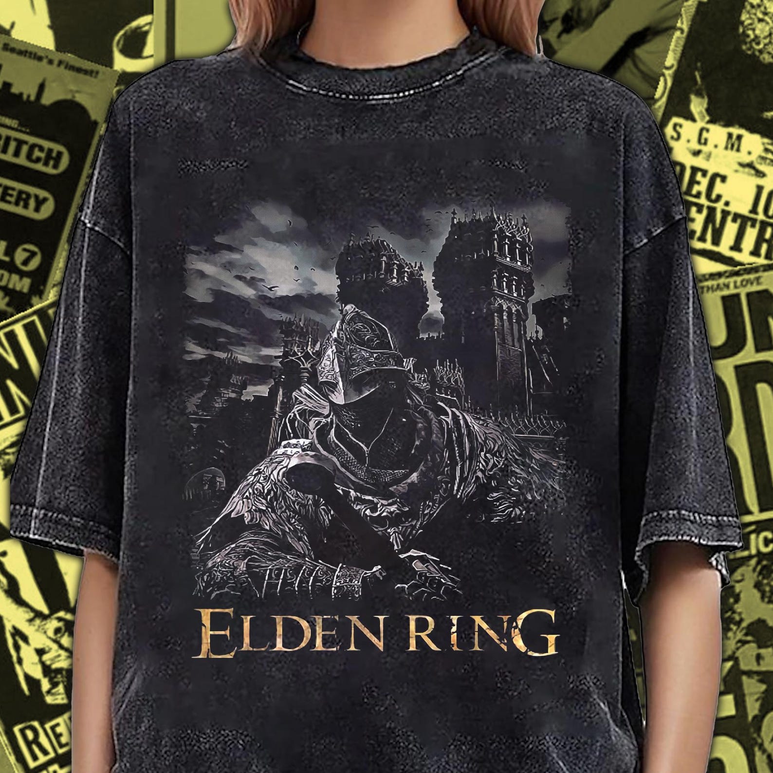 Винтажная стираная футболка Elden Ring: Игровая футболка FromSoftware ER001 4XL