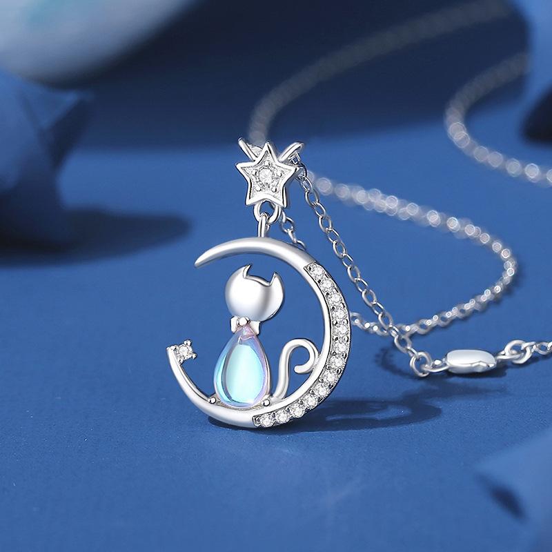 Women Light Luxury Star Moon Cat Moonstone Pendant Clavicle Necklace