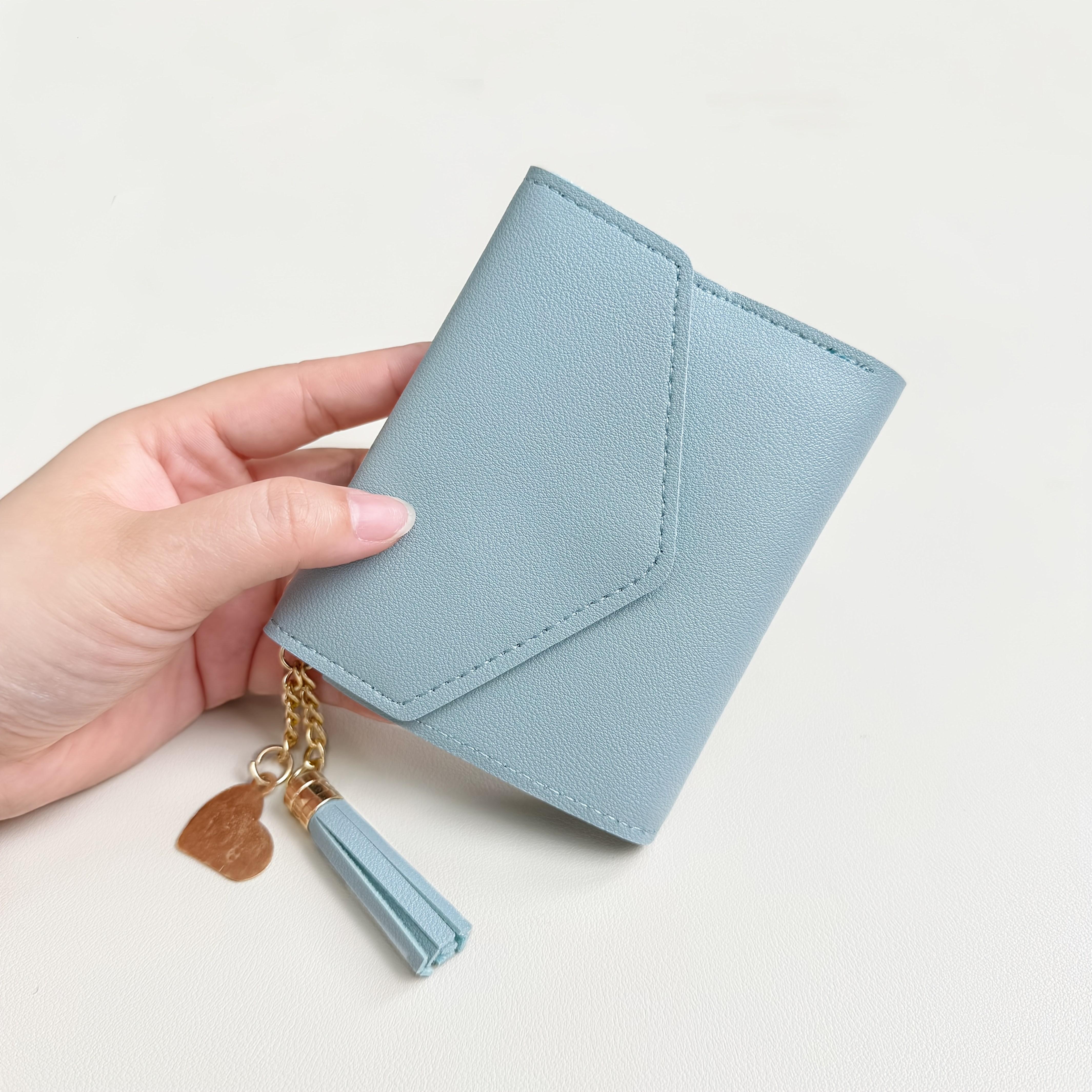 Light Blue Compact Bifold Wallet for Women - Soft Synthetic Leather Mini Design with Multiple Card Slots Snap Closure Keychain Heart Charm 573₽