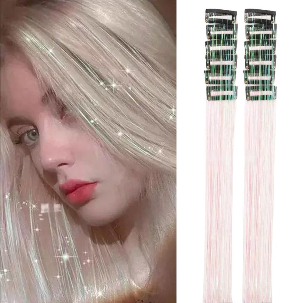 

12Pcs Hair Tinsel Clip In 19.7 Glitter Tinsel Hair Extensions Synthetic Clip In Sparkle Hair Accessories For Kids Girls Women білий