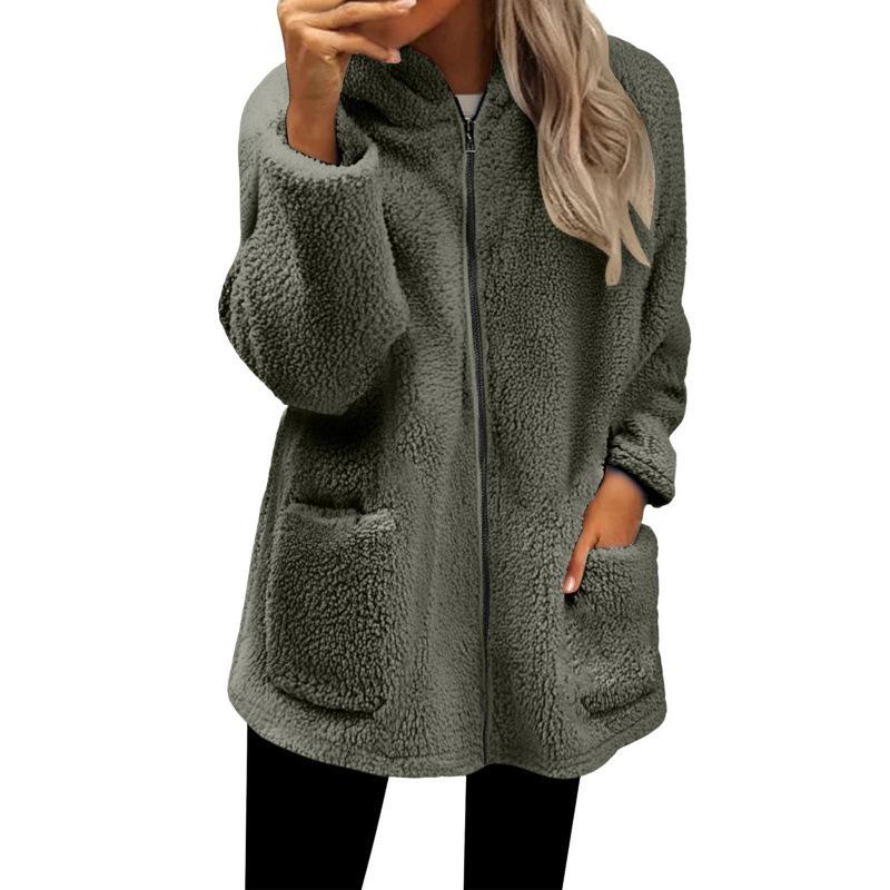 Women S Loose Plush Long Sleeve Hooded Zip Up Cardigan Coat