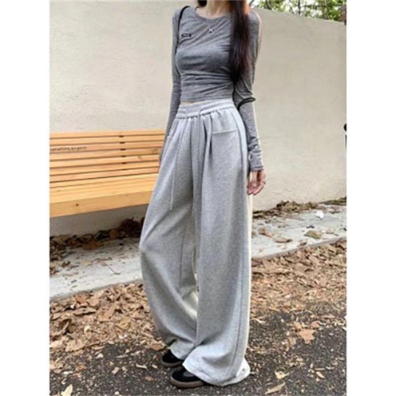 New solid color wide-leg pants, loose and drapey casual long pants for women, autumn drawstring straight pants