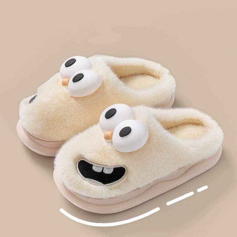 Cozy Big-Eyed Cartoon Dog Slippers: Warm Furry Cotton for Couples In Autumn Winter
