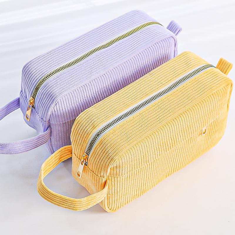 Cream Corduroy Pencil Case Big Capacity Square Shape Pen Case Pouch for Office School Supplies