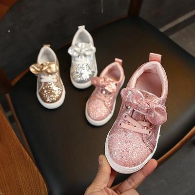 Girls Casual Shoes Glimmer Bowknot Rhinestone Lovely Soft Bottom Non-slip Spring Leisure Luxury 21-36 Toddler Girl Sneakers