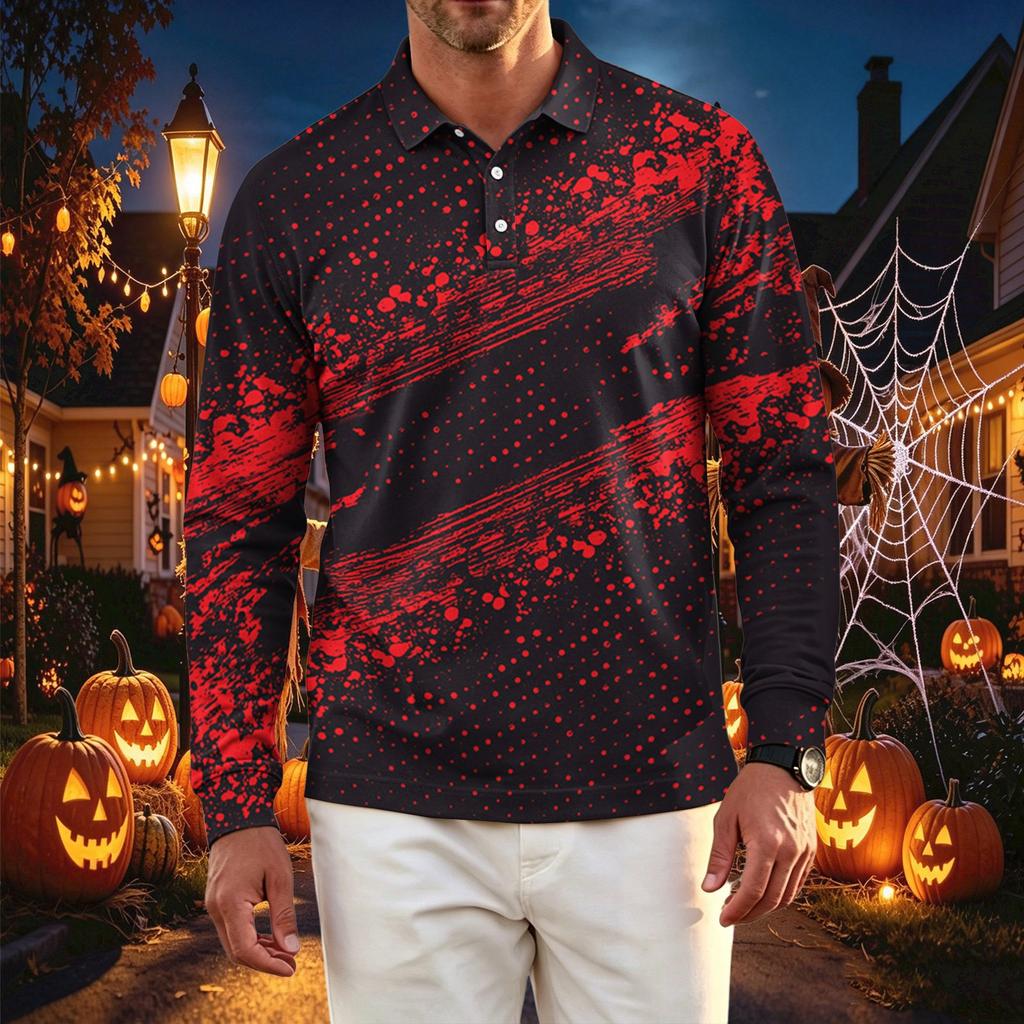 Men's Quick-Dry Mesh Long Sleeve Golf Shirt with Halloween Print for Casual Wear