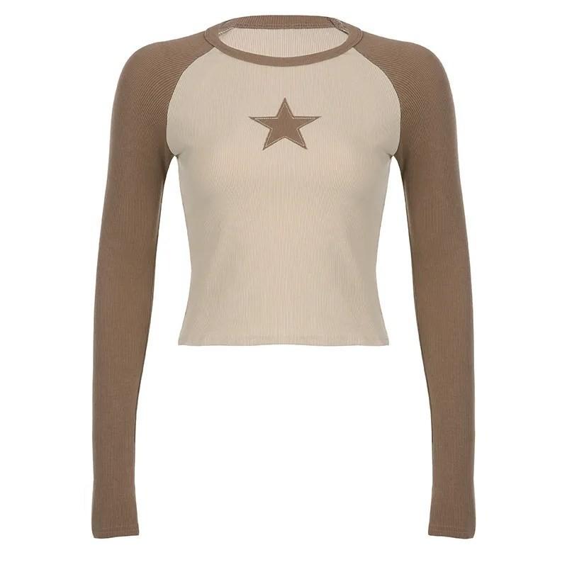 Y2K Star Sticker Street Spicy Girl Personality Top Contrasting Color Round Neck Long Sleeved Women's T-shirt