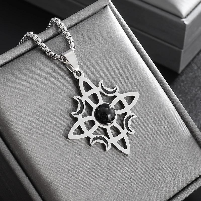 Witch Knot Natural Stone Moon Pendant Necklace Irish Celtic Knot Lucky Jewelry for Men Women Stainless Steel