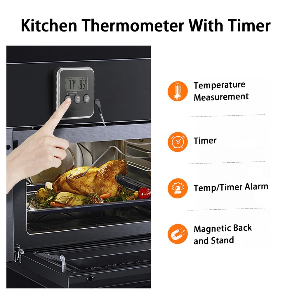 Termômetro Digital de Cozinha para Cozinhar Carne Alimentos Temperatura Para Forno Churrasqueira Grelha Função Timer com Sonda Medidor de Calor para Cozinhar