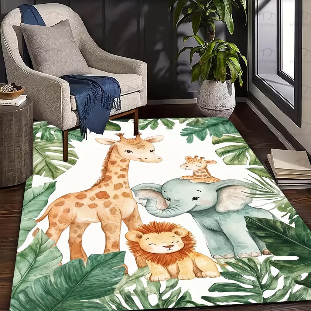1pc Jungle Safari Animal Soft Anti-Slip Floor Mat – Giraffe, Elephant & Lion Design with Tropical Leaves, Durable Polyester Fl