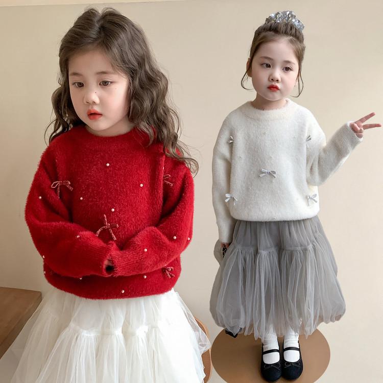 Meng Tang Tang 2025 Winter Girls' Mink Velvet Knit Sweater - Korean Style New Year Outfit