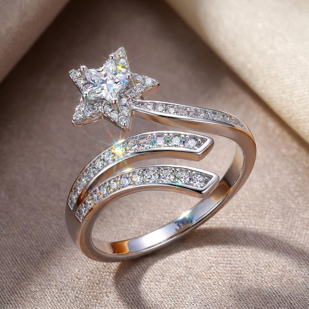 Delicate Star Open Rings for Women Silver Color Sparkling Cubic Zirconia Lucky Shooting Star Finger Ring Party Romantic Jewelry