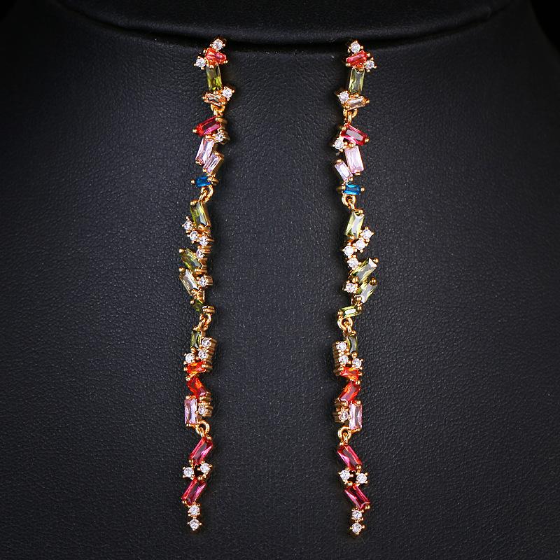 Colorful Cubic Zirconia Long Drop Earrings, Luxury Geometric Crystal Earrings, Elegant Evening Party Jewelry Gift