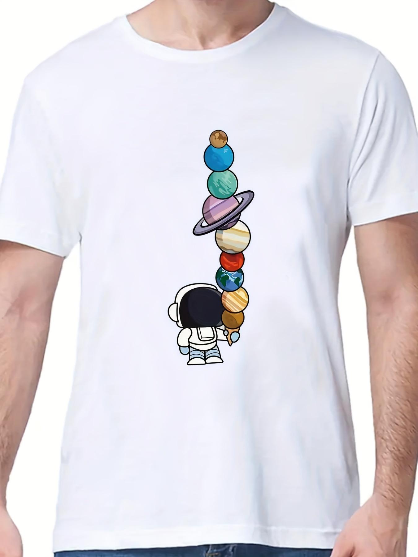 Men S Playful Ice Cream Planet Astronaut Graphic Round Neck Short Sleeve T-Shirt XXL