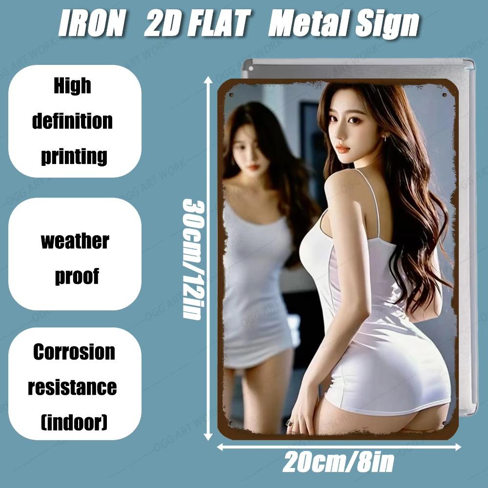 Minimalist Metal Wall Art Woman In White Dress with Mirror Modern Home Office Decor