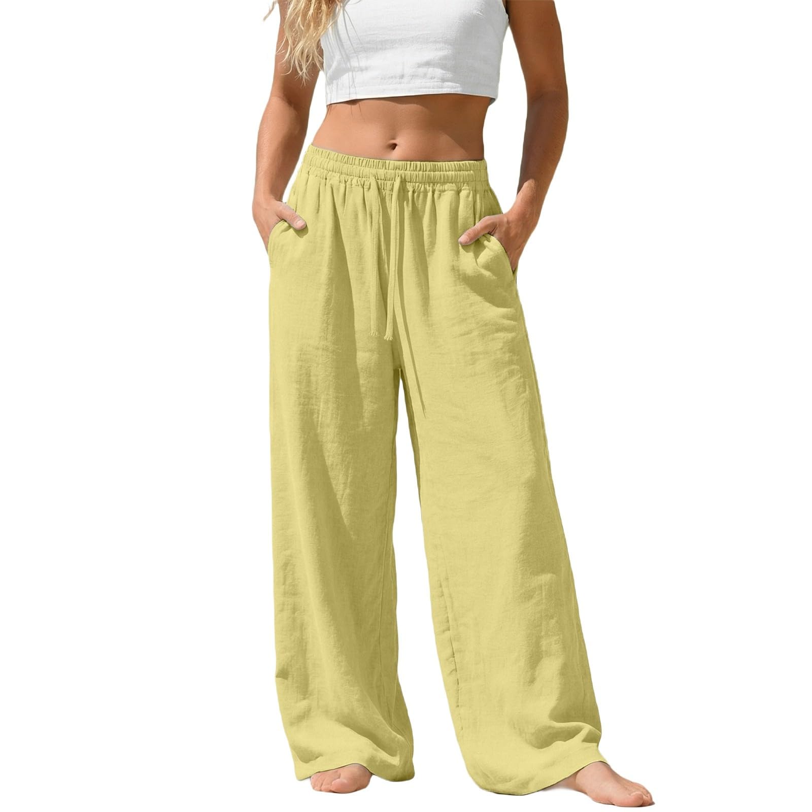 

Women s Casual And Fashionable Color Loose Pants With Pocketes XL жовтий