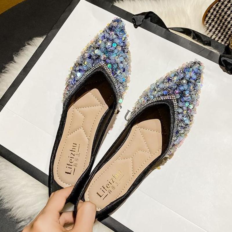 Sequins Pearl Slip-on Woman Flats Luxury Wedding Bride Shoe Elegant and Fashionable With Discount 39 Pointed Toe Shoes for Women