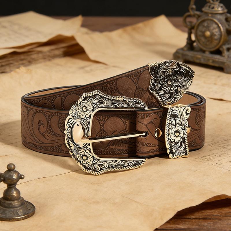 Women's Floral Carved Buckle Belt, Retro Solid Embossed Waistband, Western Jeans Belt