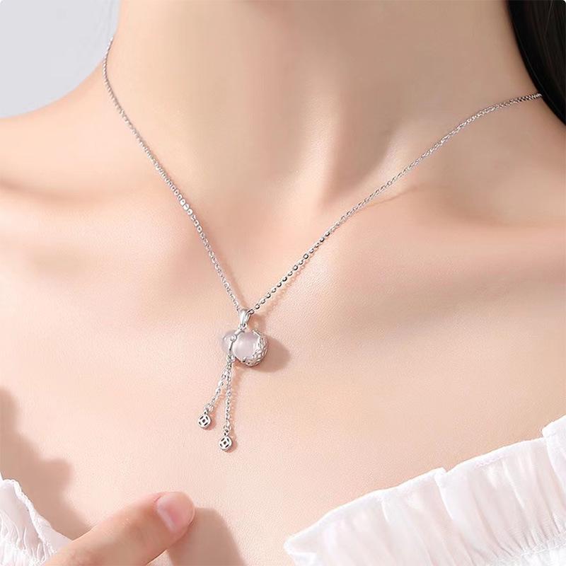 S925 Sterling Silver Gourd Necklace with White Chalcedony for Women Sterling Silver 925 платиновый