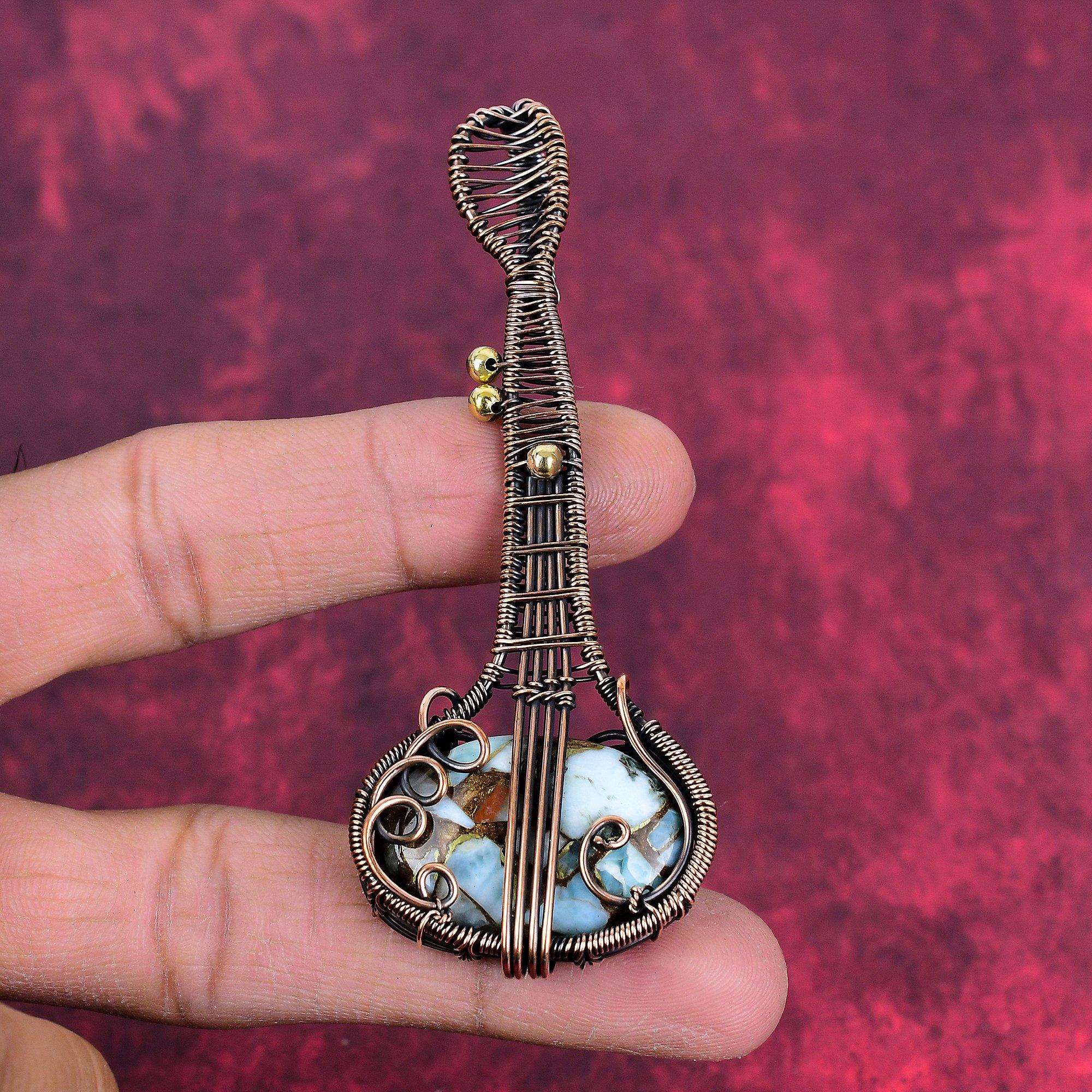 Copper larimar pendant copper wire wrapped jewelry guitar gemstone pendant copper wire wrap pendant handmade unique jewelry gifts for mother