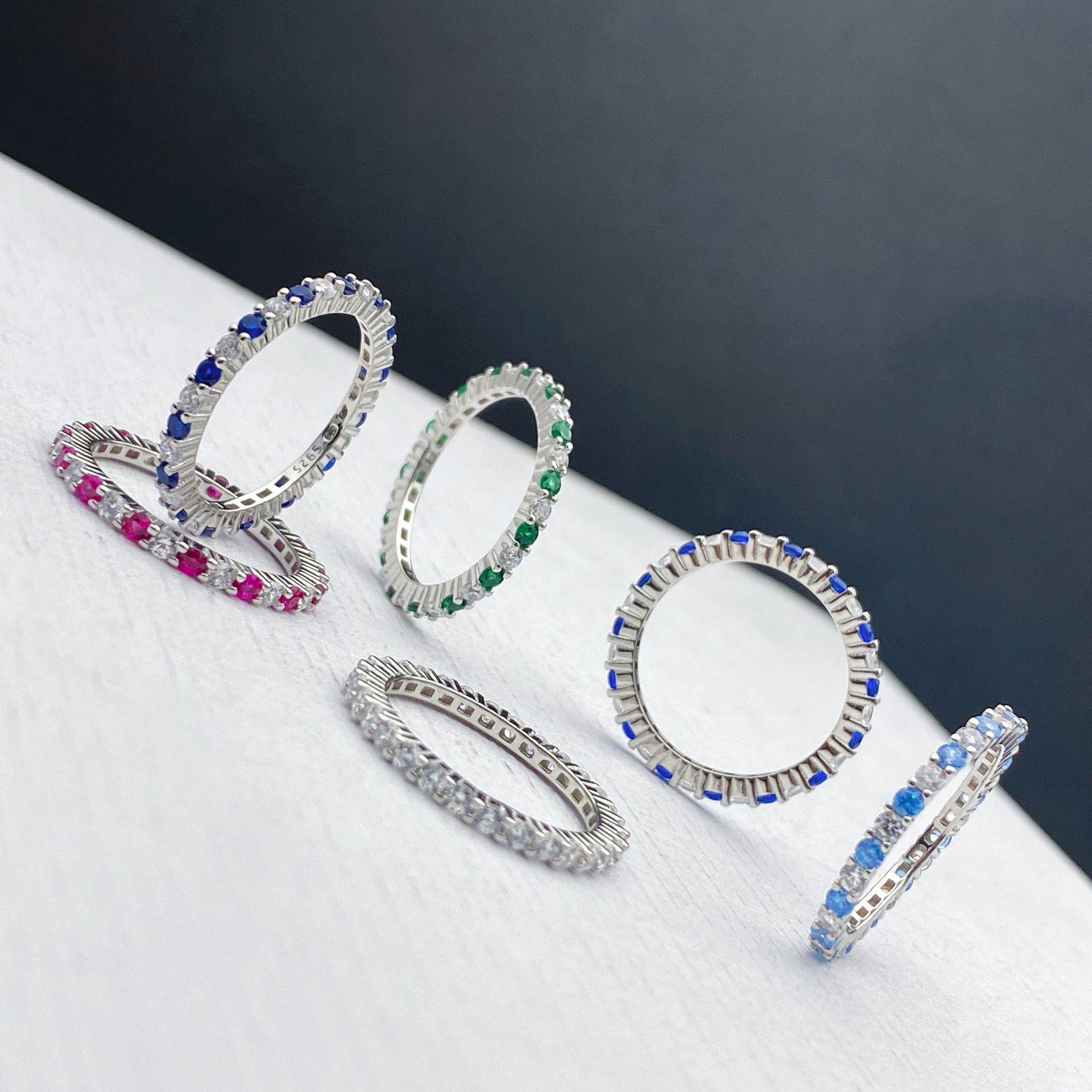 

Xiancan S925 Silver Ring: Colorful Design, Cold Style, Versatile Simple Row Diamond Trendsetter Size 6 темно-синий