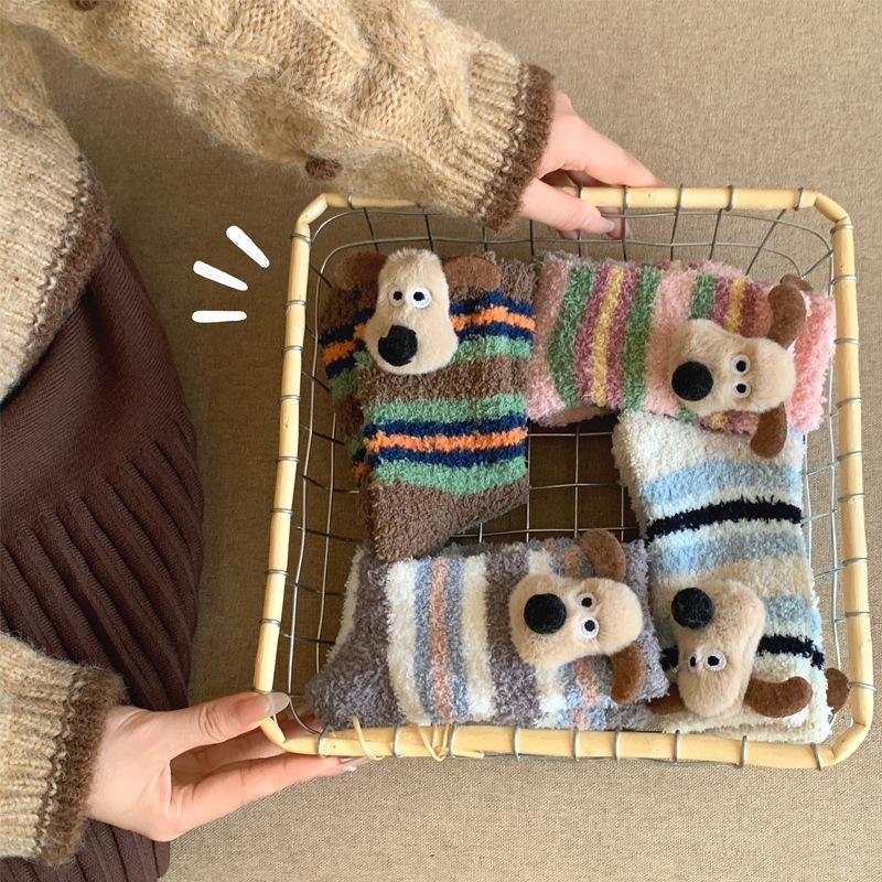 Cute Puppy Coral Fleece Socks Women Plush Thickened Home Sleep Warm Fur Floor Socks Winter Cotton