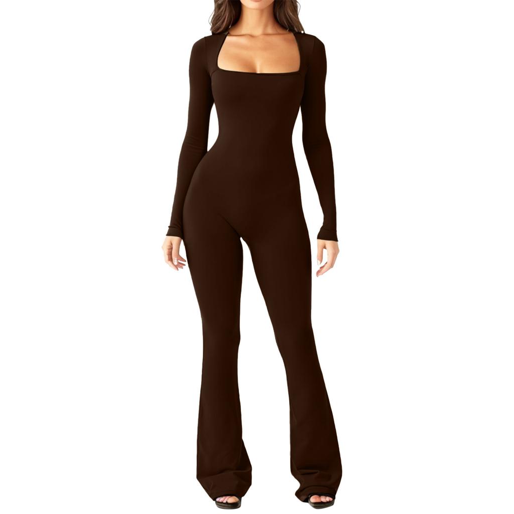 New Versatile Casual And Fashionable Women'S Solid Color Jumpsuit With Square Collar Sexy Hip Lifting And Slim Fit Sports Jumpsuit