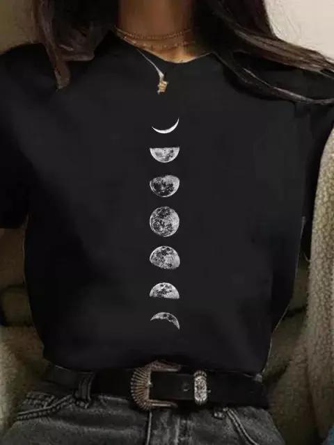 Maycaur Newest Funny Moon Print T Shirt Women White and Black Shirts Fashion Round Neck Short Sleeve T-Shirt Summer Tees Casual Top