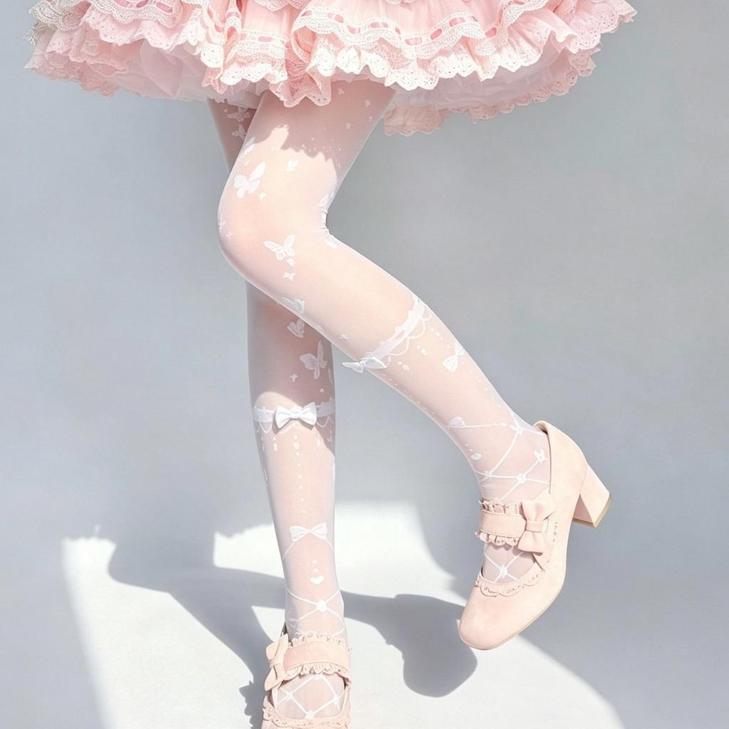 Lolita bow milk white stockings women's summer thin diamond print straps lolita ballet pantyhose