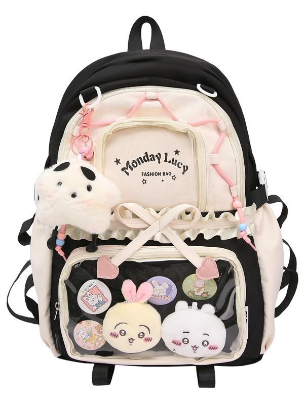 Women's Color Block College-Style Backpack with Ballet Ruffle Lace Design