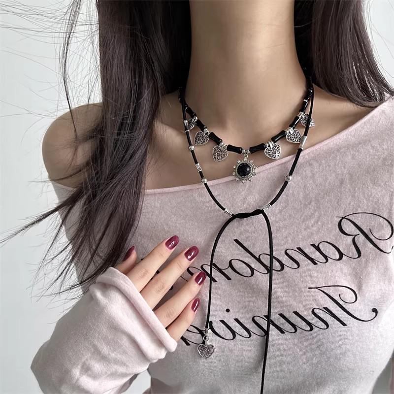Long Gothic Cross Necklace Women Alloy Chain Choker With Beaded Detail Y2K Punk Style Layered Look