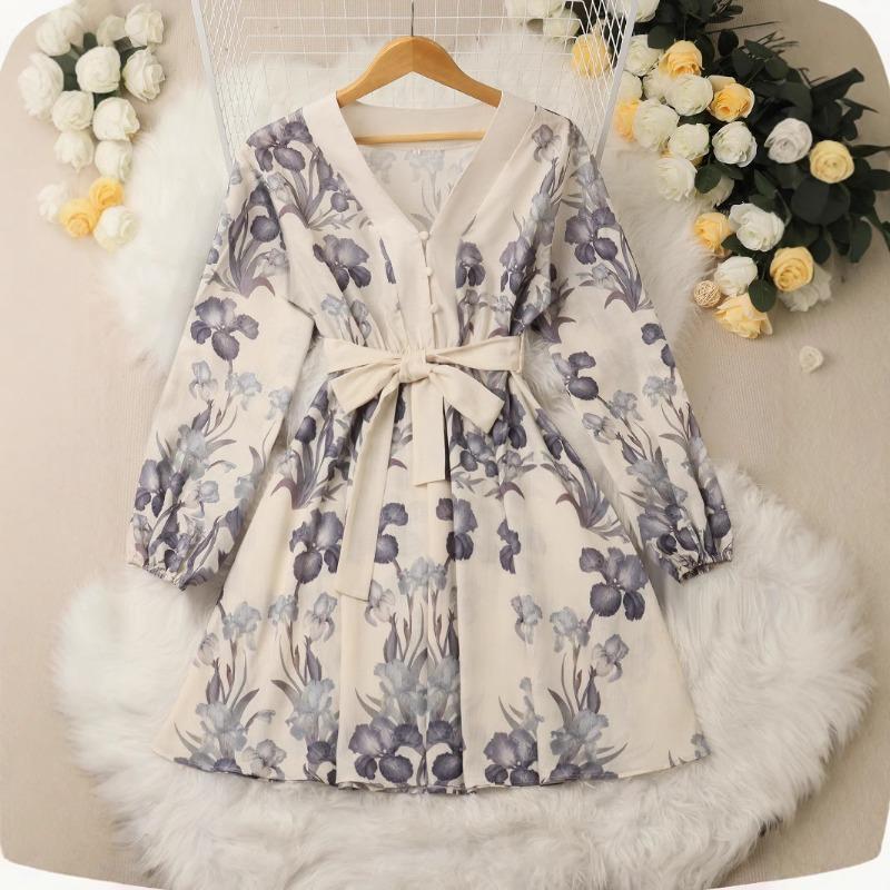 Women's Fashion Vintage Elegant Temperament V-neck Lantern Sleeve Cotton Linen Print Trend Lace-up Dress