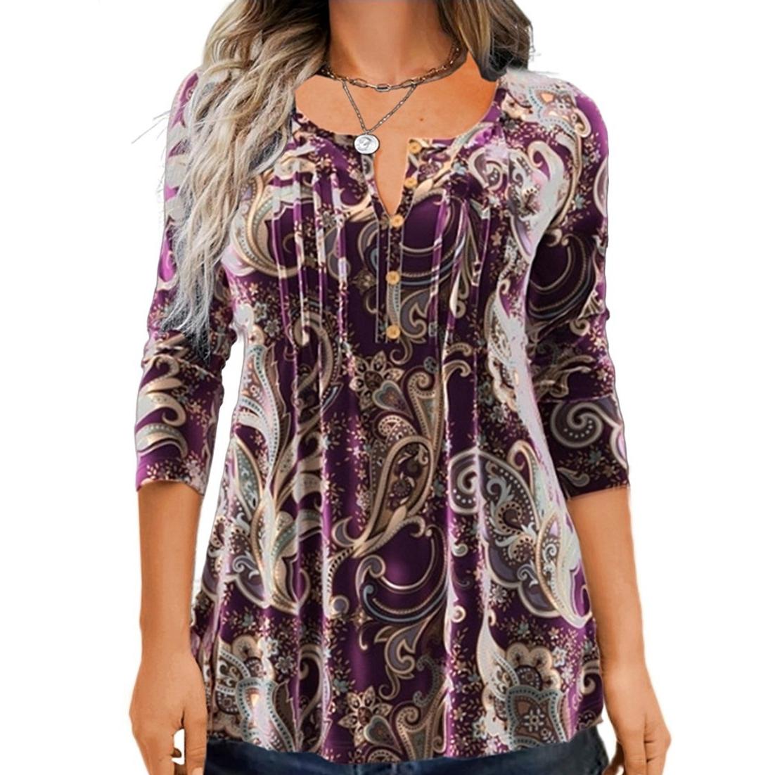 

Весенне-осенняя футболка, модные женские футболки с цветочным принтом, круглым вырезом и длинными рукавами 5XL фиолетовый