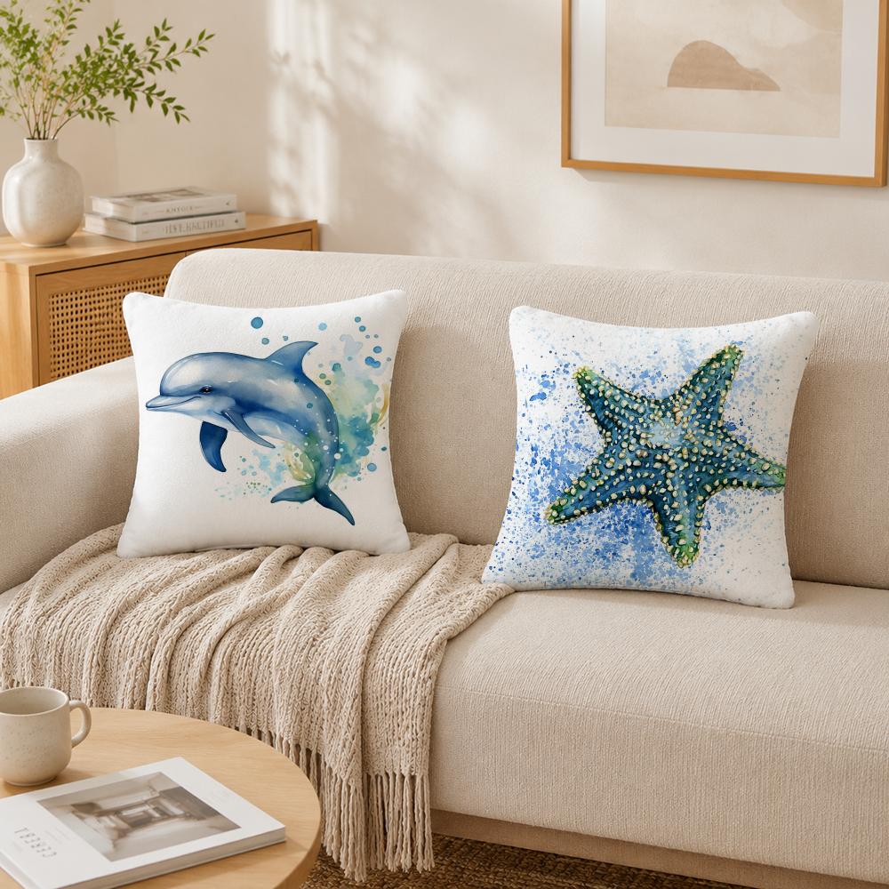 Sea Animal Turtle Coral Pillow Case Double-Sided Plush Sofa Cushion Covers Organic Breathable Invisible Zipper