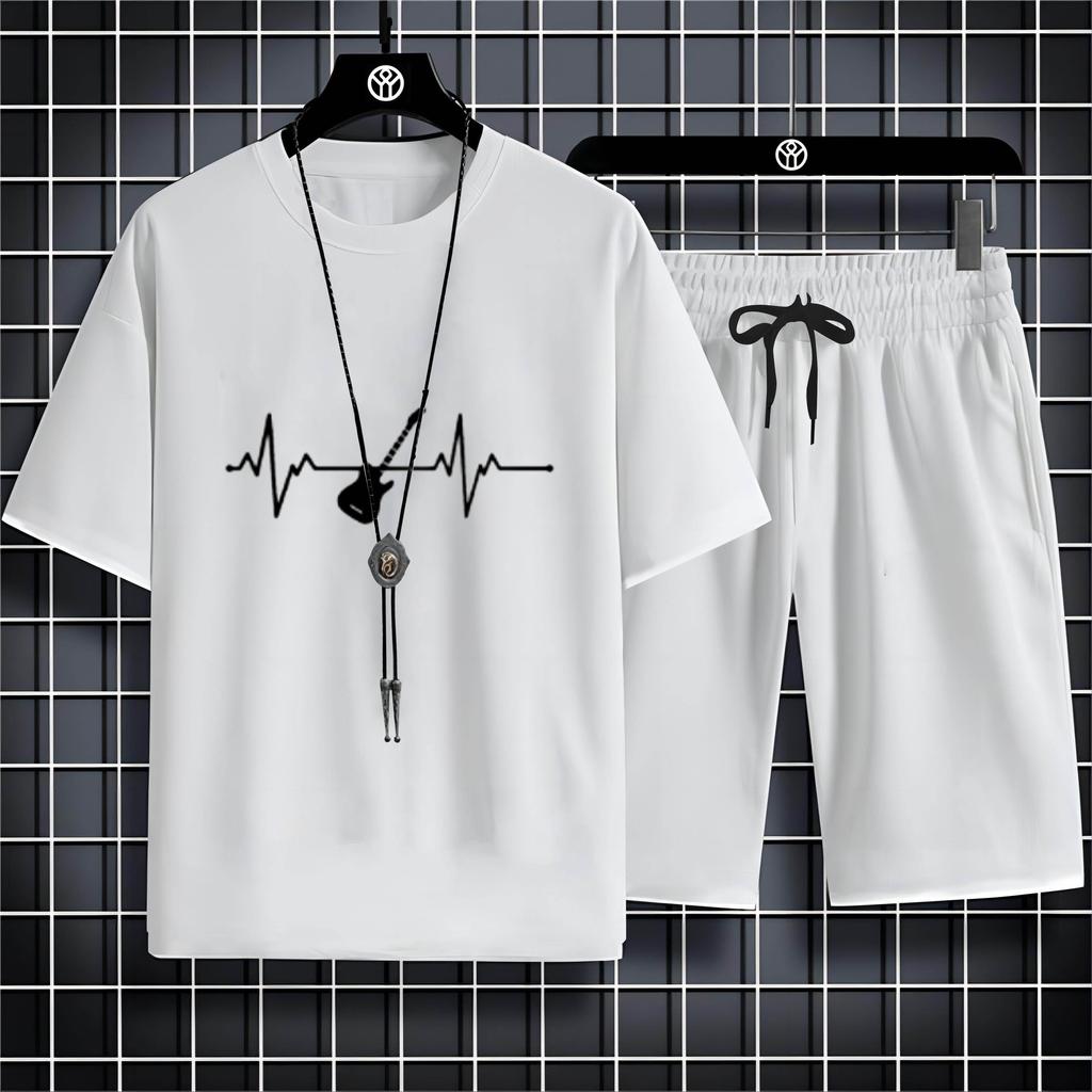 Summer 2023 Casual Outdoor Sports Style 2d Bike Print Men'S Crew Neck T-Shirt Trouser Set Loose And Comfortable Quick Dry