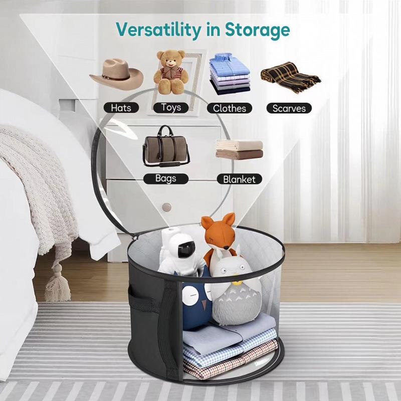 Foldable Hat Storage Bucket with Lid Clear Round Zipper Storage Bag for Clothes Hats Toys Cabinet Storage Box Home Organizers