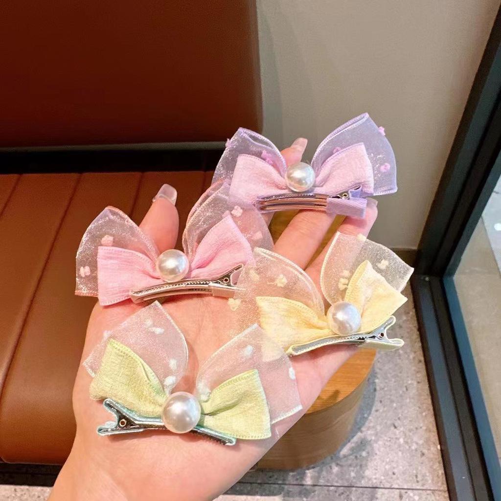 Korean Style Pearl Bow Mesh Hair Clips for Girls