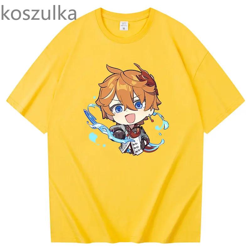 Tartaglia T-Shirt Genshin Impact – Chibi Childe Paar, 100 % Baumwolle, süßer Cartoon-Druck, Damen-Shirt, Sommer, gemütlich, weich, lässige Tops