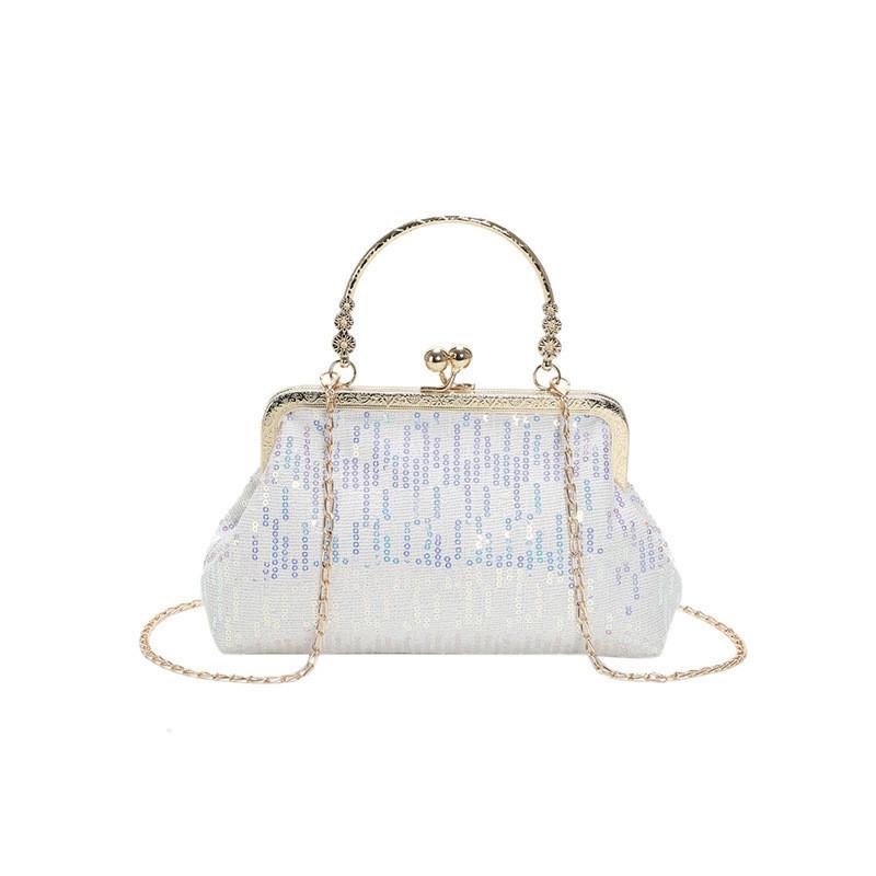 Stylish 2023 Spring New Korean Vintage Sequin Evening Handbag In Pink Purple White