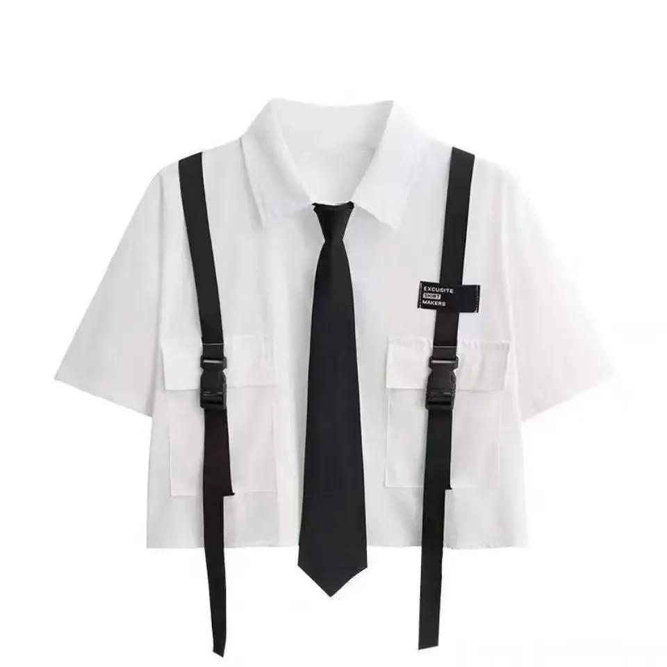 Damen-Cargohosen-Set für den Sommer im dunklen Gothic-Stil, kurzärmeliges Hemd mit Gürtel + schwarze Jogginghose mit Kettengliedern, zweiteiliges Set