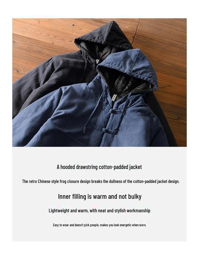 Men's Winter Fleece-Lined Ramie Cotton Coat with Chinese Frog Buttons