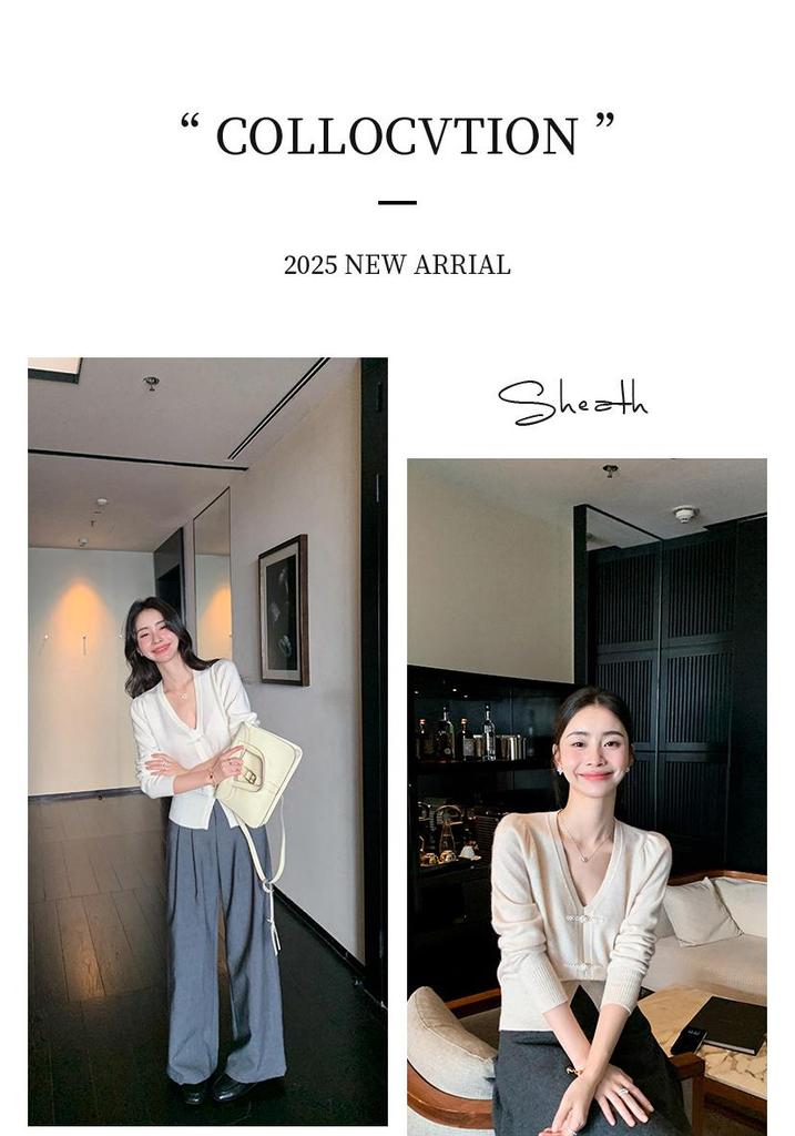 Women's V-Neck Cashmere Sweater with Frog Buttons - Autumn/Winter Chinese Retro Style
