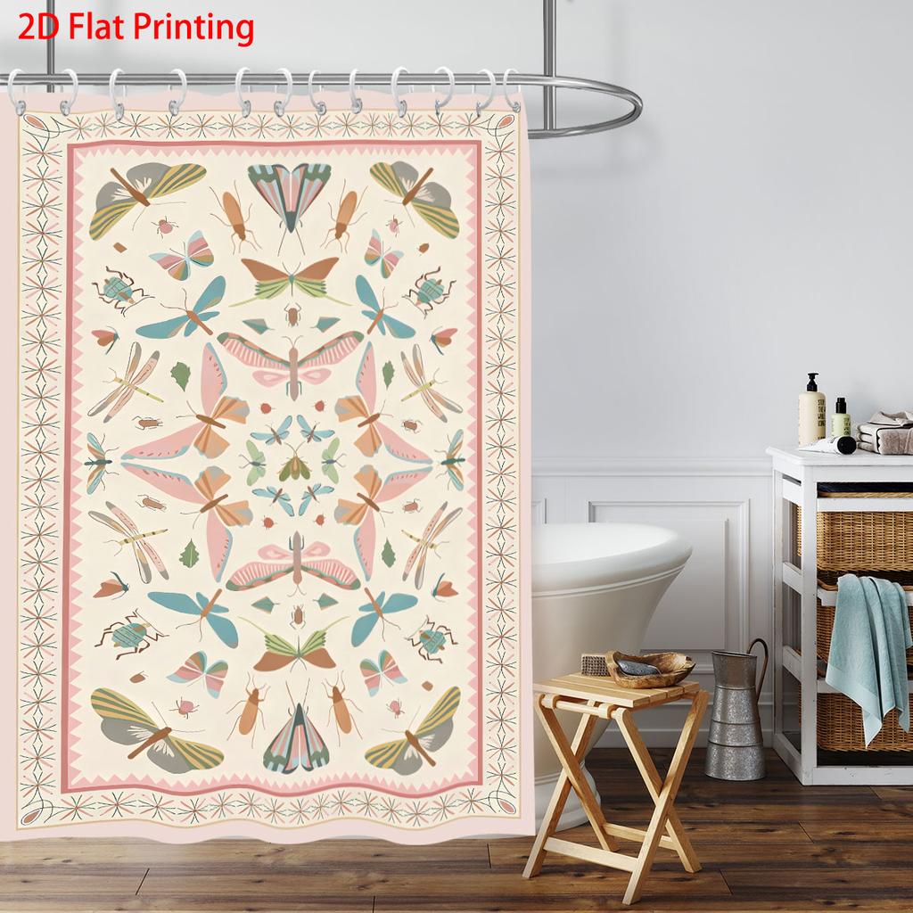 1Pc Colorful Insect Printed Waterproof Shower Curtain Partition Privacy Hanging Curtain, With 12 Hooks, Easy To Install