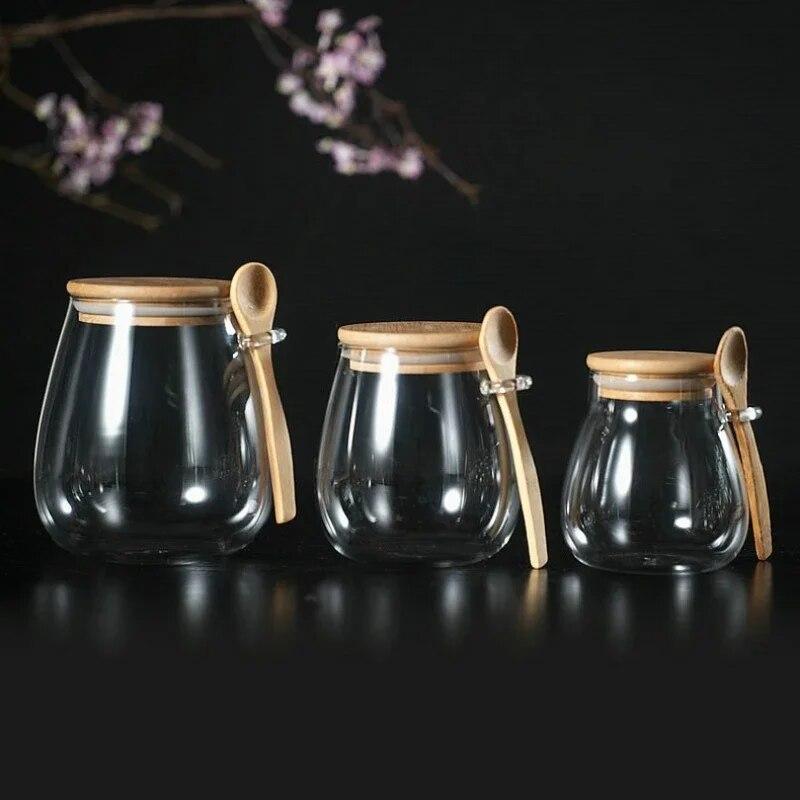 Large Capacity Transparent Glass Storage Jar with Spoon Airtight Container for Snacks Grains Tea Beans Pantry Organizer