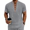 Mens Short Sleeve Lace Up Casual Shirt Lightweight Breathable Fabric V Neck Summer Top Loose Fit Plain Design