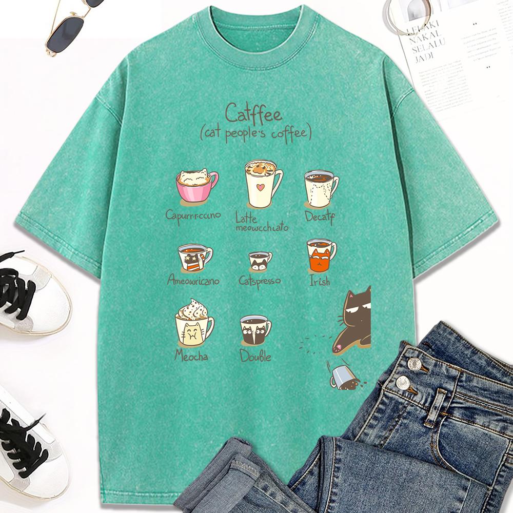 Cat People'S Coffee Illustration Print Women Washed T-Shirt Trendy Crewneck Tee Shirt Clothes Cotton Short Sleeve