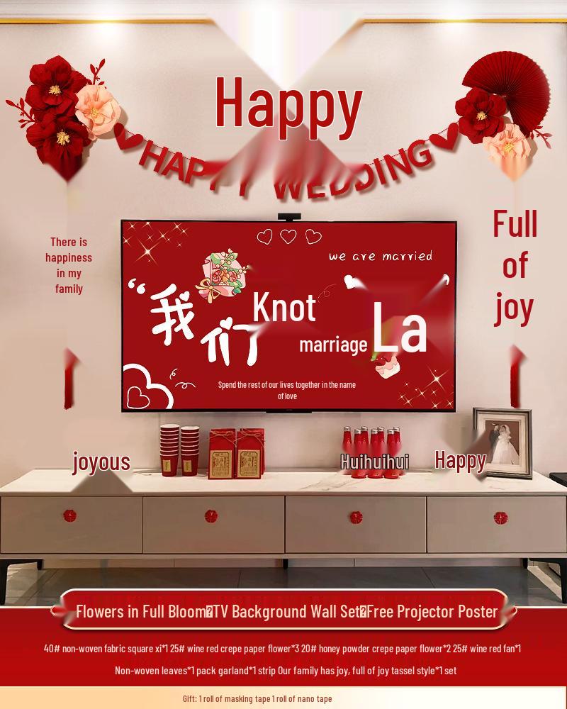 Wedding Honeymoon TV Wall Decor Set: Bride & Groom s Living Room Tassel Arrangement