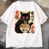 Vintage Japanese Black Cat Ramen T Shirts Cute Graphic Funny Cat Eating Ramen Printing Harajuku Short Sleeve Casual Tops