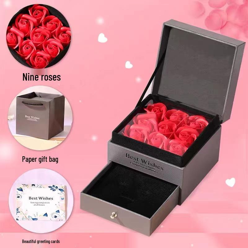 Double Layer Rose Soap Flower Gift Box with Necklace, Ring, Lipstick, Perfume for Valentine's or Birthday